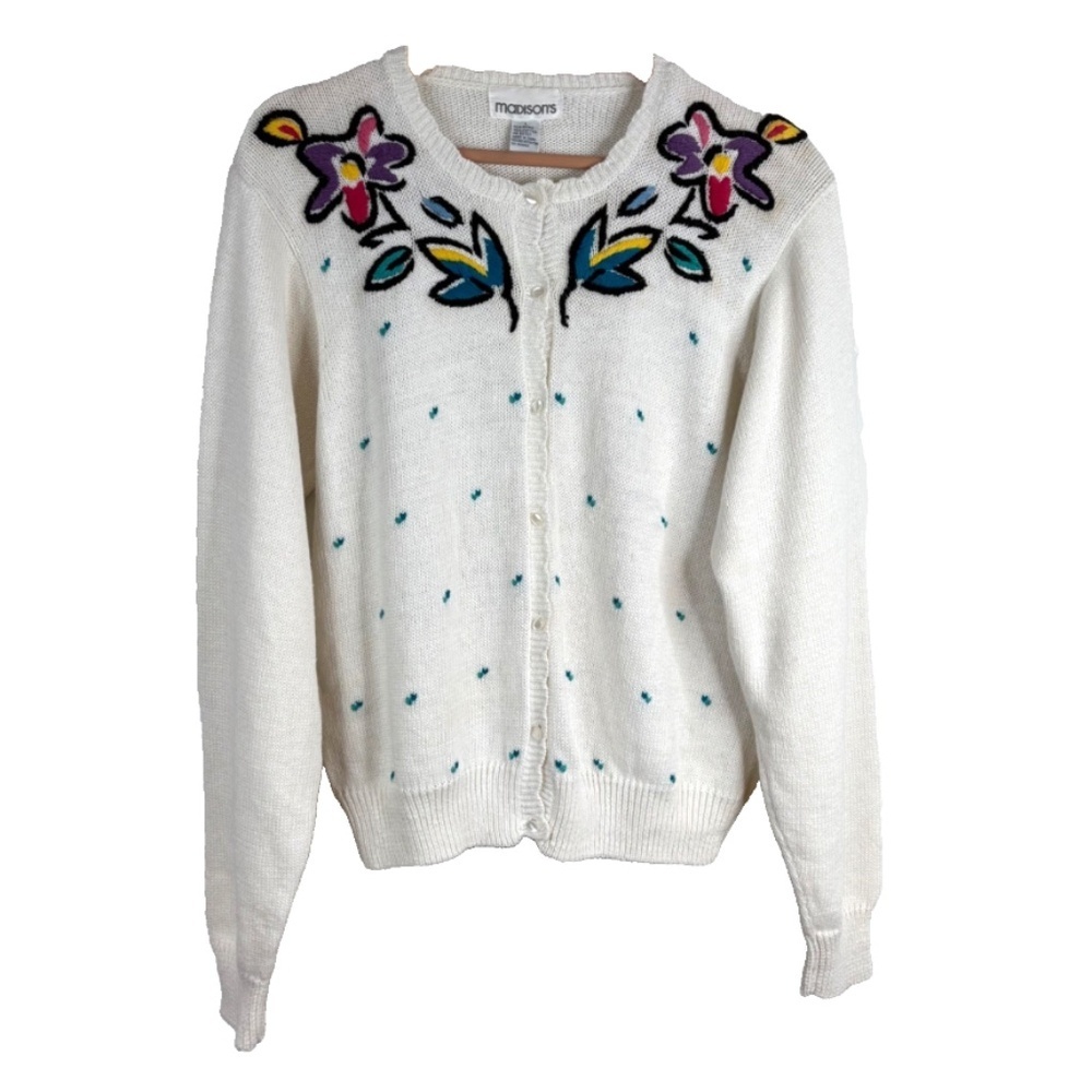 VTG 90s Granny Cardigan Embroidered Rainbow Floral Cottage Coquette Boho Twee